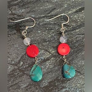 Elegant Red Coral, Quartz, and Turquoise Handmade Dangle Earrings